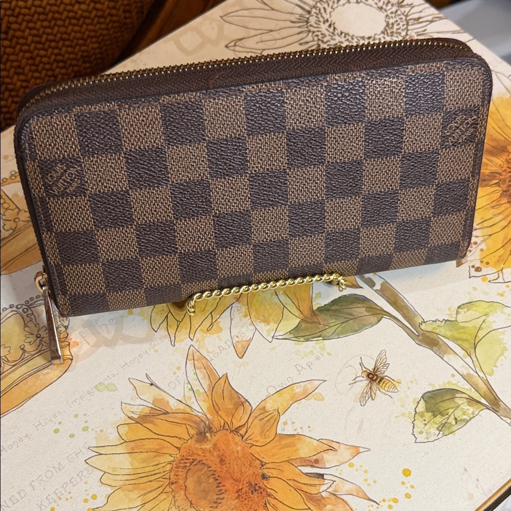 Louis Vuitton Brown Damier Zip Around Wallet with Gold Hardware